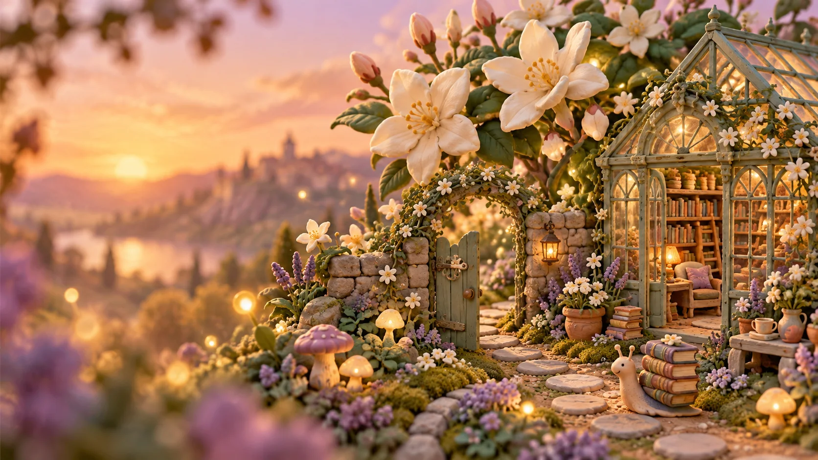 A clay secret garden with a greenhouse full of books