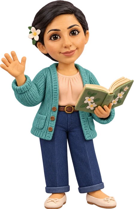Teacher Jasmine as a clay figure, waving and holding a book