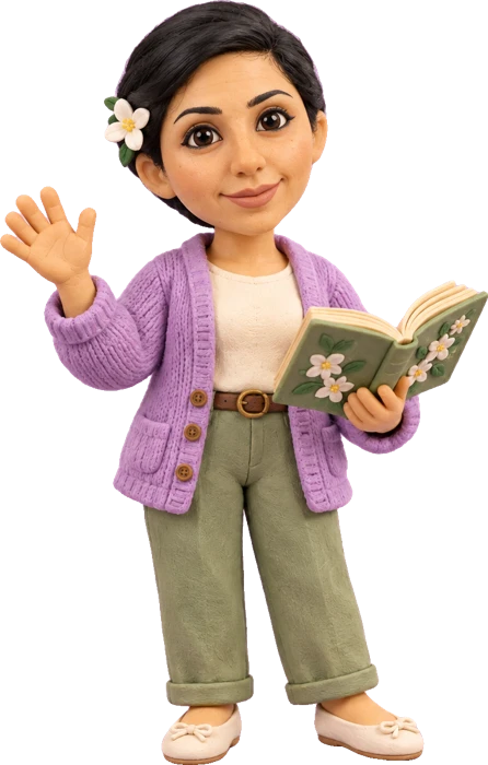 Teacher Jasmine as a clay figure, waving and holding a book
